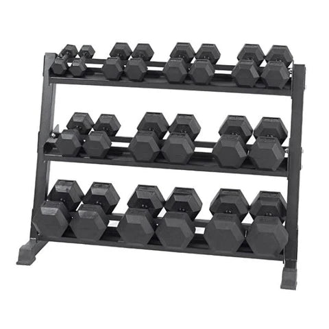 Ensemble d'haltères hexagonaux en caoutchouc de 5 à 50 lb + Rack - Fitness Dépôt +